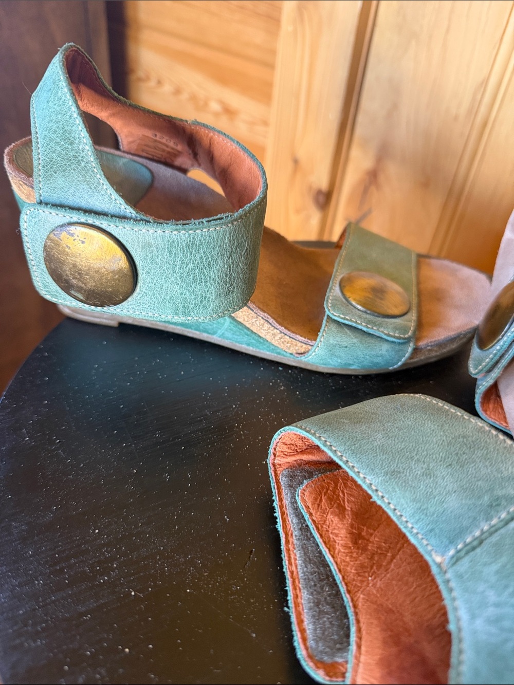 Taos Footwear Teal Leather Wedge Sandals with Brass Accent - Picture 3 of 6